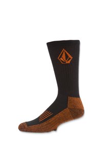 Chaussette noire avec des accents orange, présentant une texture côtelée, un logo en forme de diamant et un renfort aux orteils et au talon pour plus de durabilité.