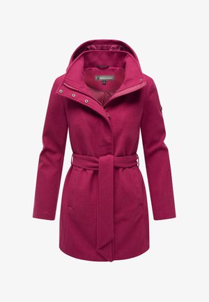 Magenta płaszcz z wełny z pasem w talii, zamkiem błyskawicznym i odpinanym kapturem. Posiada boczne kieszenie i gładką podszewkę.