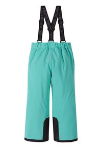 Pantalons imperméables bleu-vert clair avec des accents noirs, taille élastique avec des sangles réglables, design mi-genou et texture lisse.
