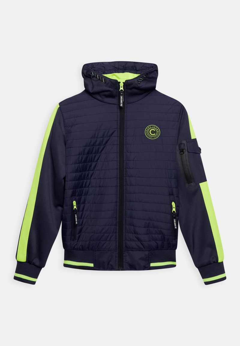 Navy blue padded jacket with a hood, featuring bright green accents on sleeves, black zippers, and a logo on the chest.
