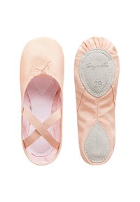 Blassrosafarbene Ballettschuhe aus Satin, mit Kreuzriemen, einem weichen Innenfutter und einer flachen Wildledersohle mit genähtem Akzent.