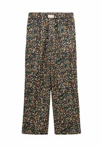 Nohavice s kvetinovým vzorom vyrobené z ľahkého materiálu. Tmavé pozadie s viacfarebnými kvetmi. Voľný strih a široké nohavice.