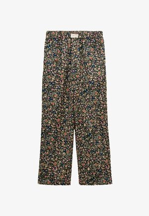 Blumenmuster-Hosen aus leichtem Stoff. Dunkler Hintergrund mit bunten Blumen. Lässige Passform und weites Bein-Design.