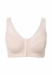 Beige bh met kanten details op de bandjes en bovenste cups, met een sluiting aan de voorkant en gladde, contoured cups voor ondersteuning.