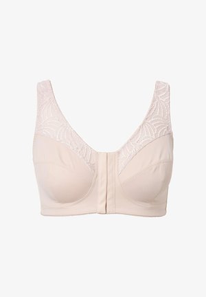 Beige bh met kanten details op de bandjes en bovenste cups, met een sluiting aan de voorkant en gladde, contoured cups voor ondersteuning.