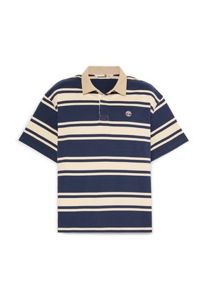 Rövid ujjú, tengerészkék és bézs csíkos galléros póló bézs szegéllyel és kis Timberland fa logóval a bal mellrészen.