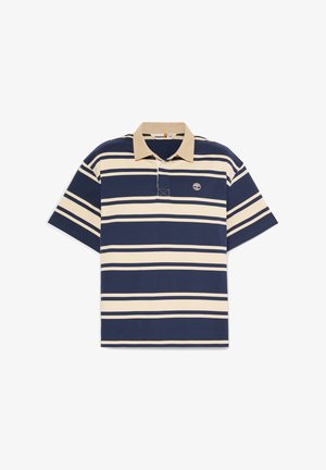 Κοντομάνικο πόλο μπλουζάκι σε ναυτικό μπλε και μπεζ ρίγες με μπεζ γιακά και μικρό λογότυπο δέντρου Timberland στο αριστερό στήθος.