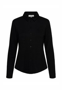 Zwarte overhemden met een textuur, lange mouwen en een puntige kraag. Heeft een gebogen zoom en zes knopen aan de voorkant.