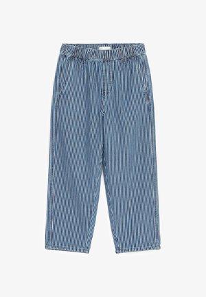 Pantalon à taille élastique bleu et blanc rayé verticalement, avec poches latérales, jambes droites et coupe décontractée.