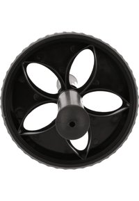 Musta pyörä, jossa on viisi terälehtimäistä aukkoa, sileä pinta, kumireunus pidon takaamiseksi ja keskellä metalliakseli.