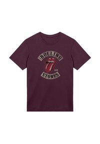 Burgundy cotton T-shirt featuring a graphic of a red tongue and "ROLLING STONES" text in distressed black and gray, short sleeves.