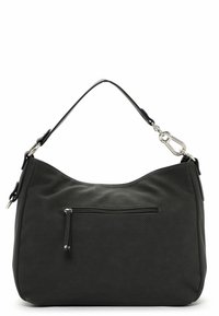 Schwarze, durchbrochene Hobo-Tasche mit flacher Form, einem einzelnen Schulterriemen und einer Reißverschlusstasche auf der Vorderseite. Mit silbernen Hardware-Akzenten.