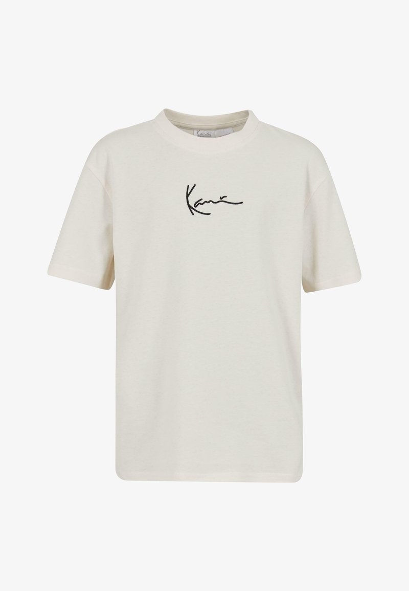 Krémové tričko s krátkým rukávem vyrobené z bavlny, na přední straně s černým podpisovým logem a kulatým výstřihem.