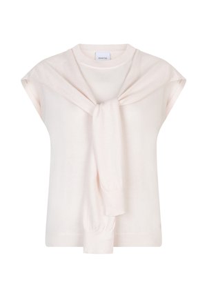 Lichtroze gebreide trui met kapmouwen, met een strikdetail bij de hals en geribde boorden aan de zoom.