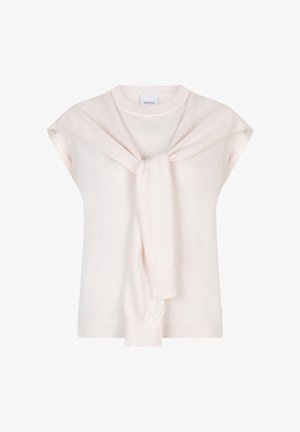 Pull-over tricoté rose clair avec manches courtes, présentant un détail noué au niveau de l'encolure et des poignets côtelés à l'ourlet.
