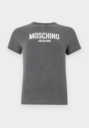 Grijs T-shirt met korte mouwen met witte "MOSCHINO JEANS" tekst op de borst gedrukt, een ronde halslijn en een casual pasvorm.
