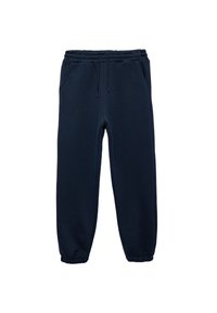 Marineblå sweatpants lavet af blødt materiale, med en elastisk talje med snore, sidelommer og elastiske manchetter.
