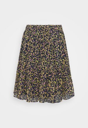 Jupe courte évasée avec taille élastique, présentant un motif floral abstrait multicolore en bleu marine, jaune et rose.