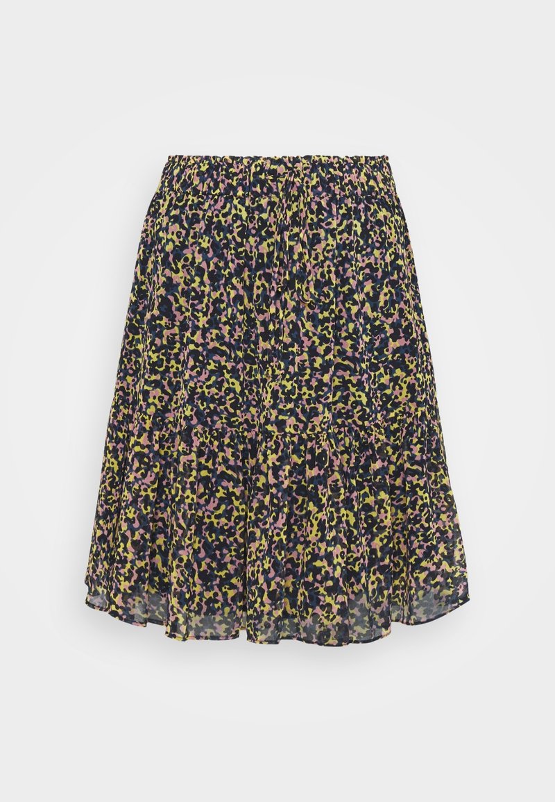 Jupe courte évasée avec taille élastique, présentant un motif floral abstrait multicolore en bleu marine, jaune et rose.