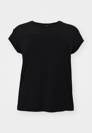Black t-shirt with a round neckline and short sleeves. Top features a textured lace overlay. Fabric appears soft and lightweight.