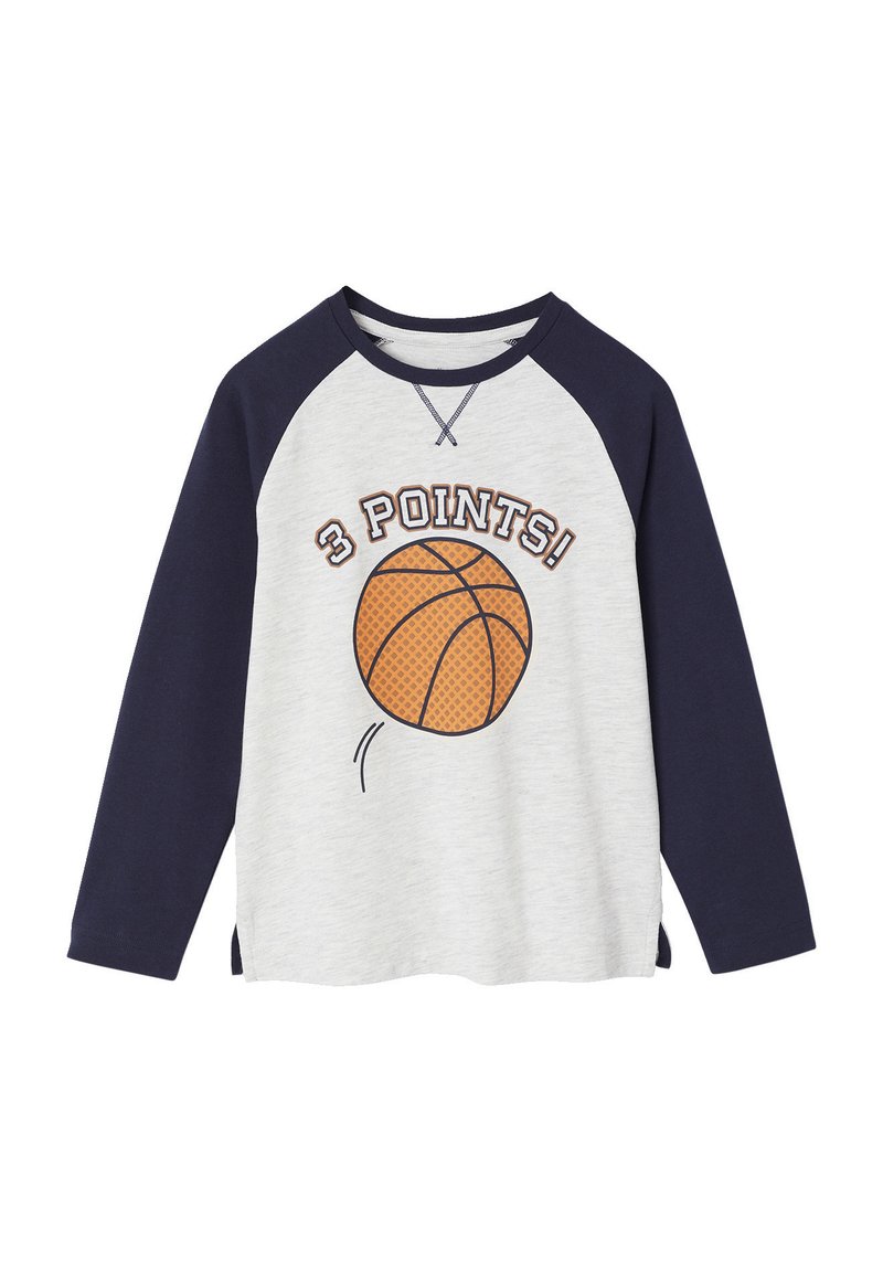 Graues Langarmshirt mit navyblauen Raglanärmeln, das ein Basketball-Graphic und den Text "3 POINTS!" in Orange und Braun zeigt. Weiches Baumwollmaterial.