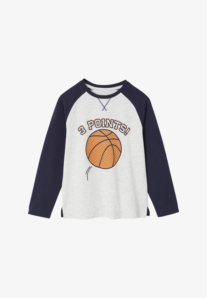 Graues Langarmshirt mit navyblauen Raglanärmeln, das ein Basketball-Graphic und den Text "3 POINTS!" in Orange und Braun zeigt. Weiches Baumwollmaterial.