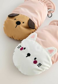 Child's mittens featuring a dog design in brown and pink, and a cat design in white and pink, with embroidered facial details.