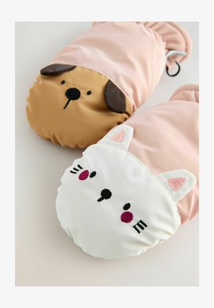 Kindermitten mit einem Hundedesign in Braun und Pink sowie einem Katzendesign in Weiß und Pink, mit gestickten Gesichtszügen.