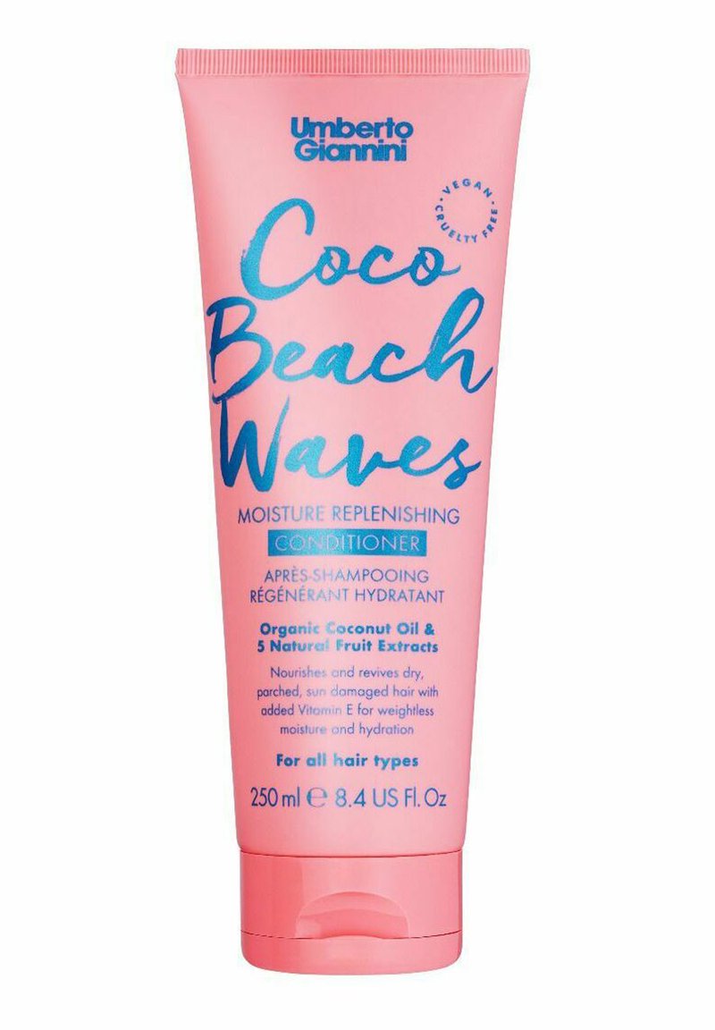 Roze tubeverpakking met de tekst "Coco Beach Waves" conditioner in turquoise en wit. Bevat kokosolie en vruchtextracten, 250 ml.
