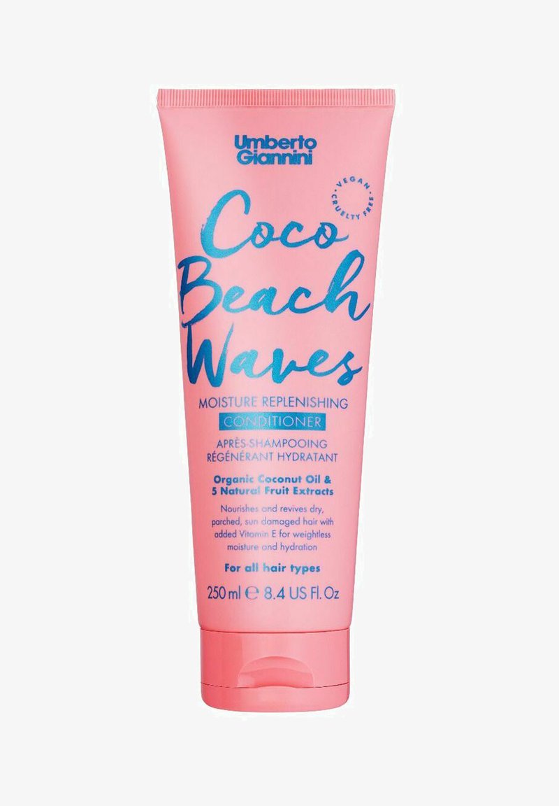 Roze tubeverpakking met de tekst "Coco Beach Waves" conditioner in turquoise en wit. Bevat kokosolie en vruchtextracten, 250 ml.