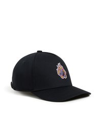 Cappellino da baseball nero con visiera curva, caratterizzato da un design ricamato colorato di fiamme e testa di animale sul davanti. Fascetta regolabile sul retro.