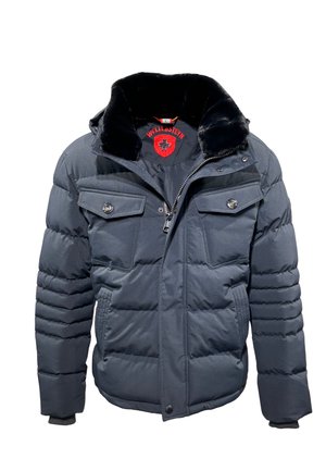 Dark gray puffer jacket with faux fur collar, front zip, two chest pockets, and two side pockets. Textured quilted design, logo visible.
