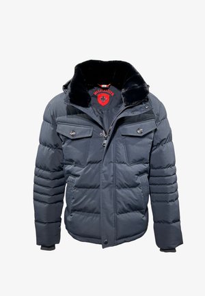 Dunkelgraue Steppjacke mit Kunstfellkragen, Frontreißverschluss, zwei Brusttaschen und zwei Seitentaschen. Strukturierte gesteppte Optik, Logo sichtbar.