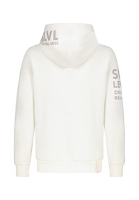 Witte hoodie van zachte stof, met een grote grafische print op de achterkant en tekst op de mouwen. Standaard pasvorm met een trekkoordkap.