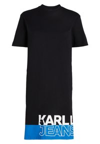 Černé tričko šaty s krátkým rukávem vyrobené ze 100% bavlny, s modro-bílým grafickým potiskem s nápisem "KARL LAGERFELD JEANS" na spodním lemu.