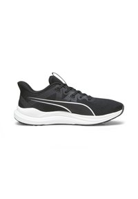 Scarpa sportiva nera con tomaia in rete, dettagli bianchi, suola imbottita e design con lacci per una vestibilità sicura. Leggera e flessibile.