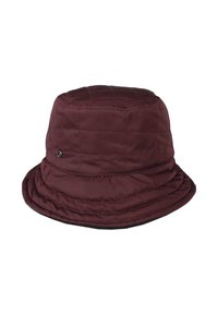 Quilted dark brown bucket hat with subtle stitching and small round metal logo on the side brim.