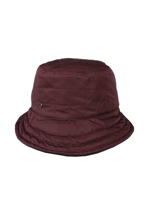 Cappello a secchiello da uomo in velluto marrone scuro trapuntato con cuciture sottili e piccolo logo metallico rotondo sul bordo laterale.