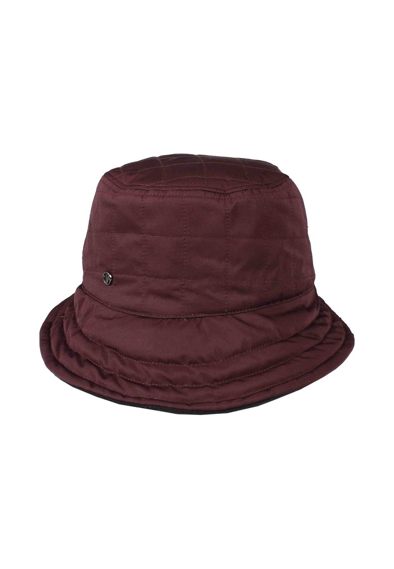 Quilted dark brown bucket hat with subtle stitching and small round metal logo on the side brim.