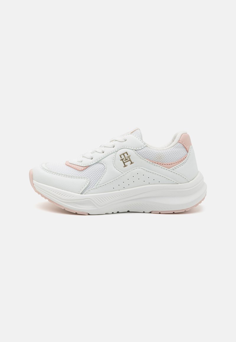 White athletic sneakers feature mesh and leather materials, pink accents, padded collar, perforated details, and a textured rubber sole.