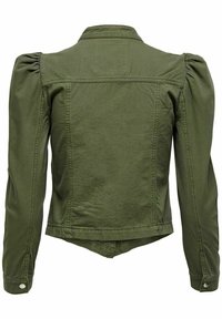 Olivengrøn denimjakke med puffede skuldre, krave og en tapered kant. Stoffet har en glat overflade med synlige syninger.