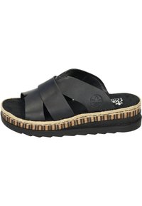 Sandalias deslizantes de cuero negro con correas entrelazadas, plantilla texturizada negra y una media suela envuelta en yute a rayas. Suela exterior negra duradera.