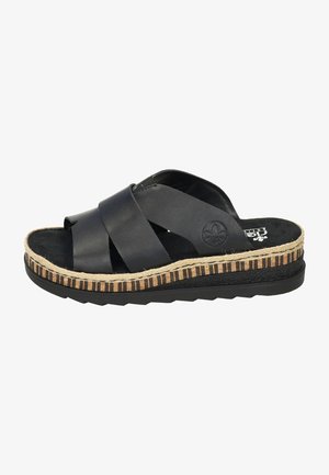 Schwarze Leder-Slide-Sandalen mit überkreuzten Riemen, strukturiertem schwarzen Fußbett und gestreifter, mit Jute umwickelter Zwischensohle. Robuste schwarze Laufsohle.