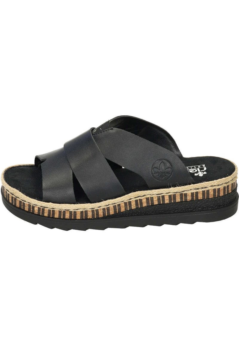 Sandalias deslizantes de cuero negro con correas entrelazadas, plantilla texturizada negra y una media suela envuelta en yute a rayas. Suela exterior negra duradera.