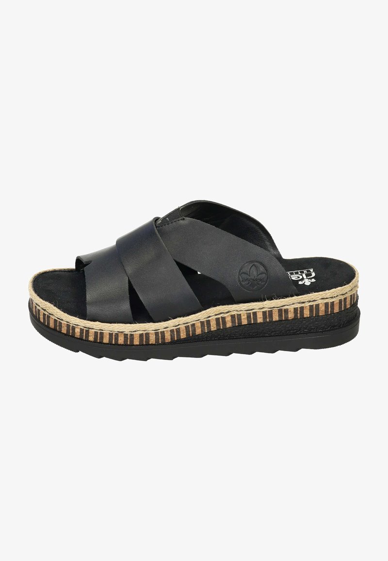 Sandalias deslizantes de cuero negro con correas entrelazadas, plantilla texturizada negra y una media suela envuelta en yute a rayas. Suela exterior negra duradera.