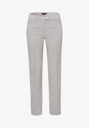 Lichtgrijze, op maat gemaakte broek van gestructureerde stof. Voorzien van een knoopsluiting, voorzakken en een slanke, rechte pijp.