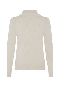 Maglione beige con collo alto, maniche lunghe e un motivo a maglia strutturato, caratterizzato da un orlo dritto e polsini a costine.