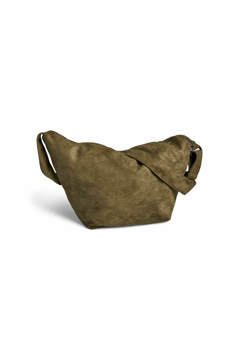 Olive krāsas zamšāda somiņa ar vaļīgu dizainu, plašu plecu siksnu un rāvējslēdzēja aizdari. Mīksta tekstūra ar matētu apdari.