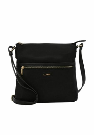 Borsa a tracolla nera realizzata in materiale morbido, con tasca frontale con zip, cerniera dorata e tracolla regolabile. Design semplice con un logo discreto.
