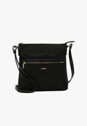 Borsa a tracolla nera realizzata in materiale morbido, con tasca frontale con zip, cerniera dorata e tracolla regolabile. Design semplice con un logo discreto.
